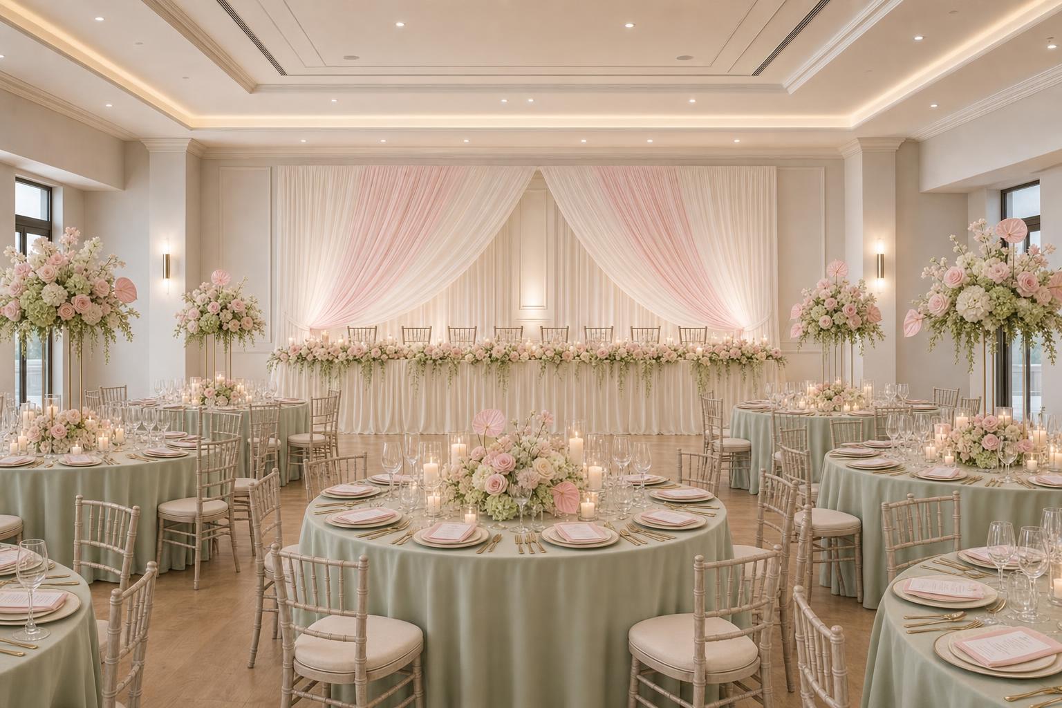 Hotel ballroom transformed with blush and sage wedding reception tables, flowers and candles