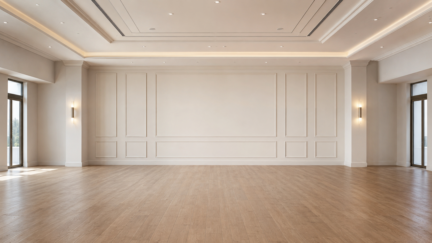 Empty hotel ballroom before wedding reception setup