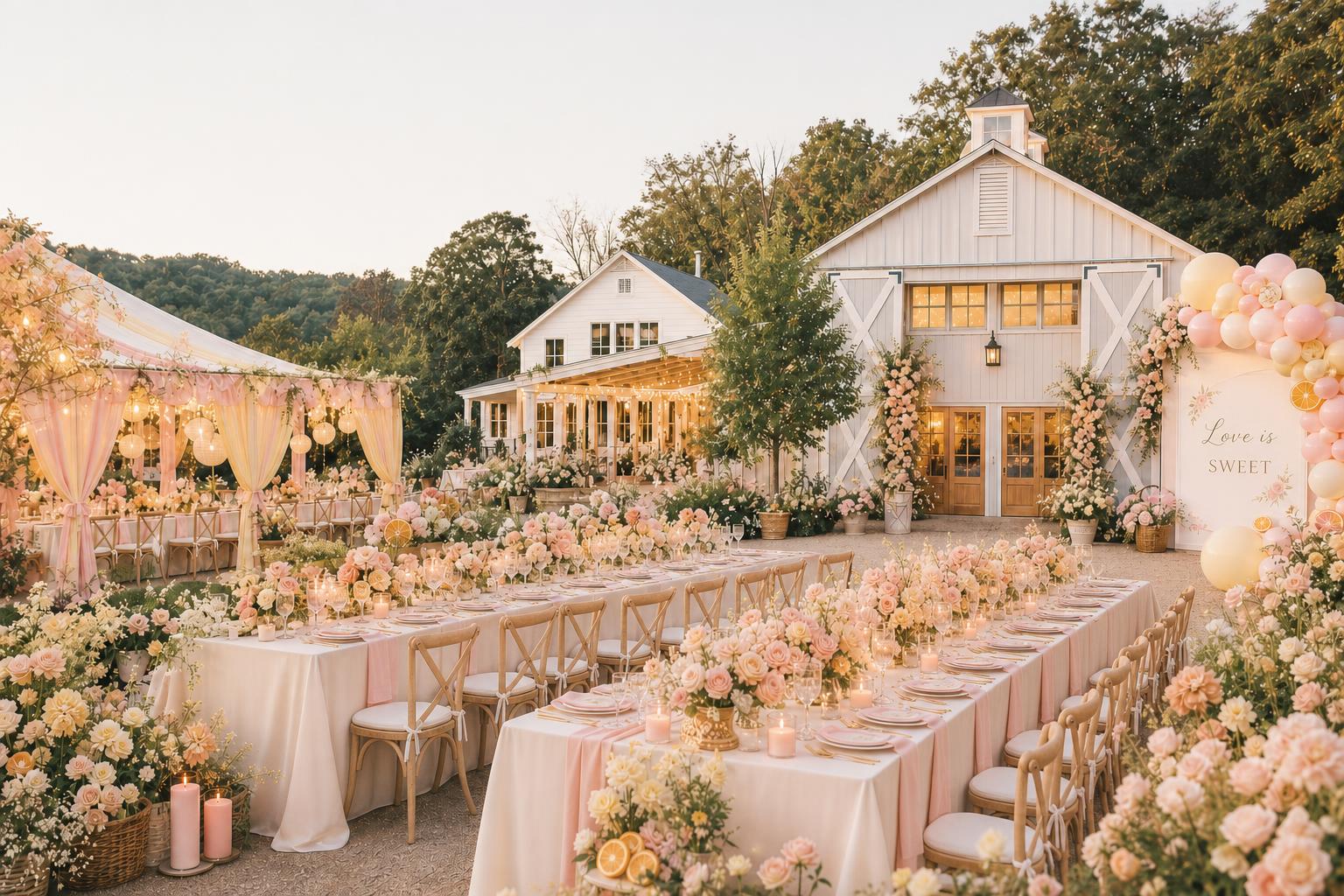 Farm barn venue transformed with florals and elegant tables for a romantic bridal shower