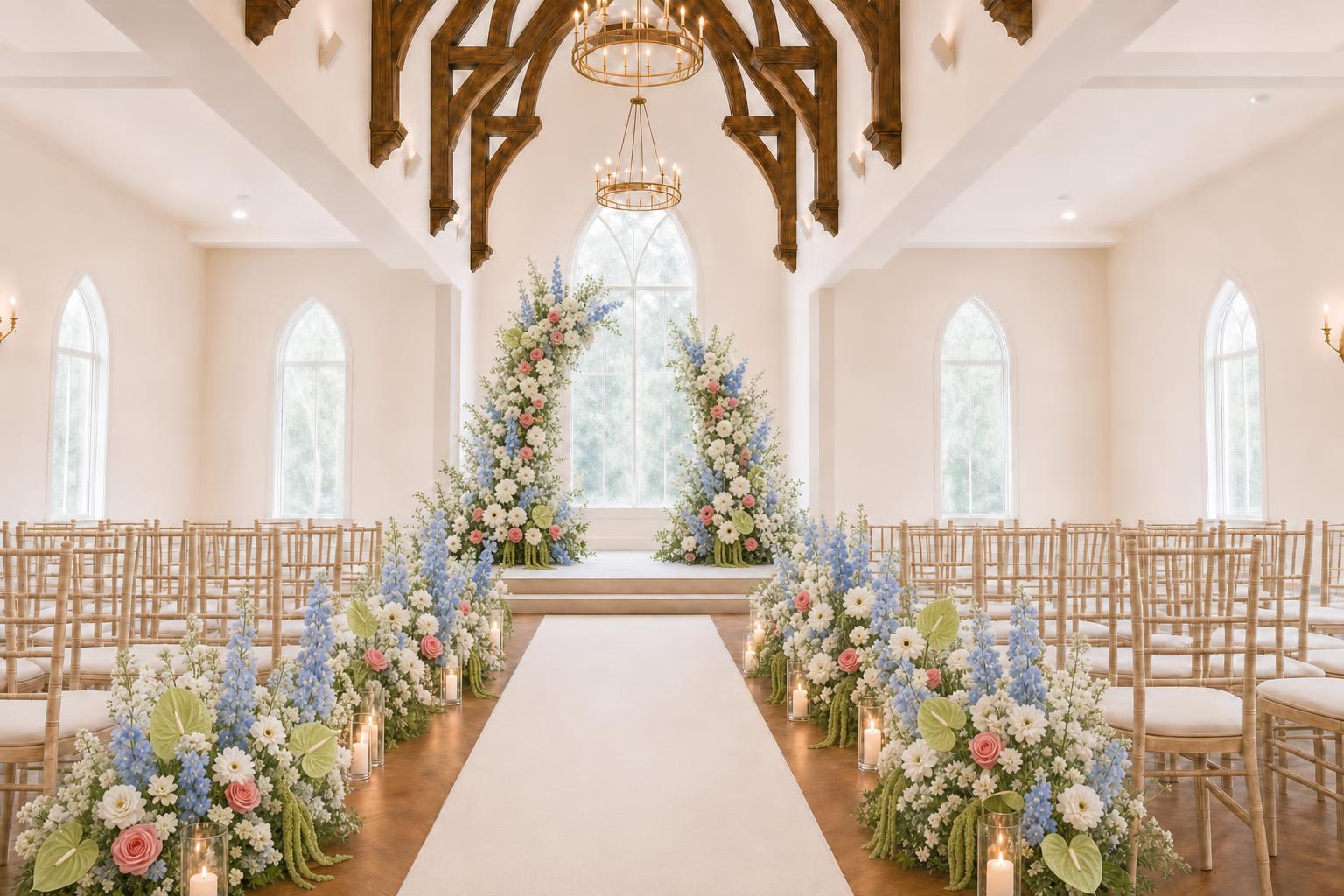 Chapel ceremony aisle decorated with blue delphinium, pink roses and white florals lining the aisle with pillar candles