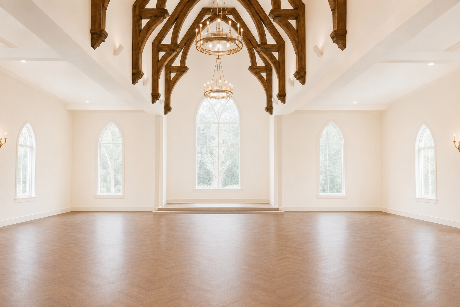 Empty chapel ceremony aisle before wedding decoration