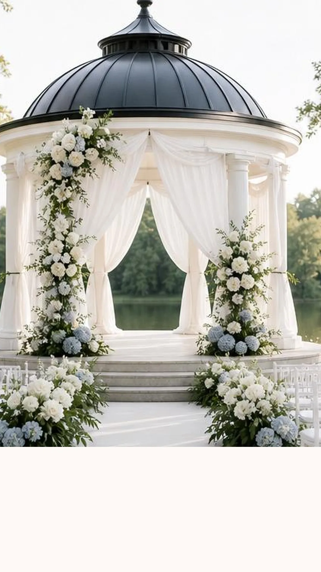 Wedding venue decorated with flowers, tables and wedding details