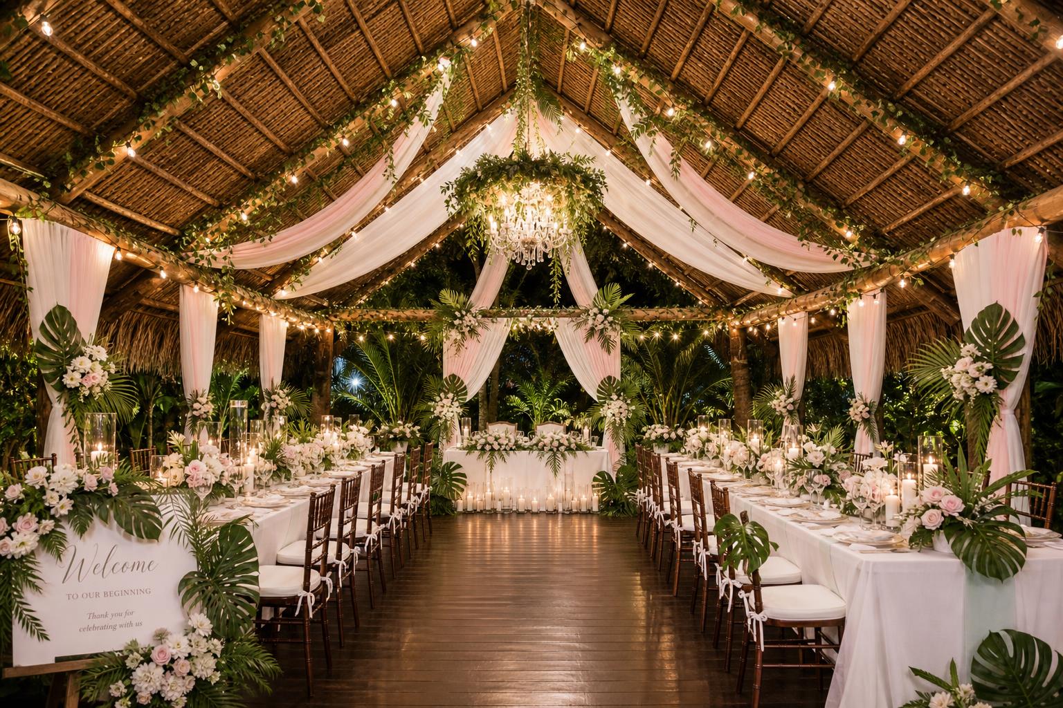 Tropical destination wedding reception transformed with lush florals and draped dining tables