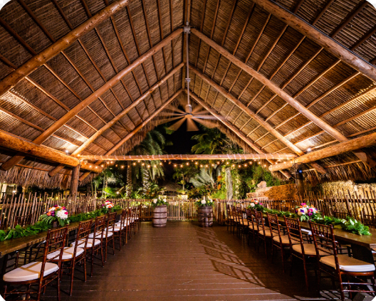 Empty tropical destination wedding reception venue before decoration